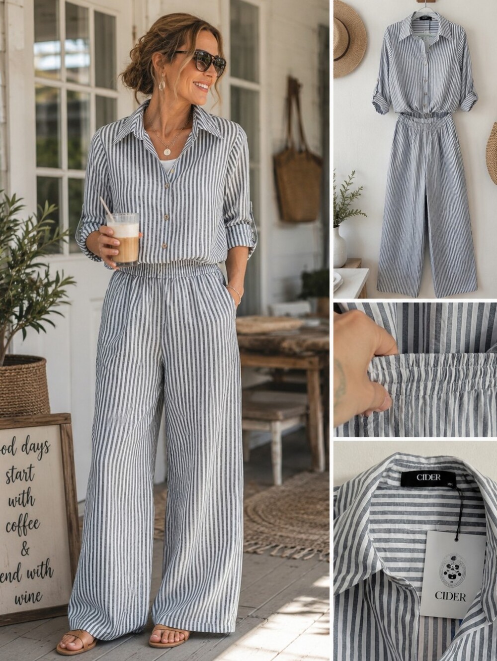Cider Gray & White Striped Tie-Front Wide Leg Jumpsuit | 0XL